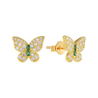 14K gold-plated butterfly stud earrings in 925 sterling silver with AAAAA emerald-green pavé zirconia, front view on white background. Hallmarked Loretana piece, hand-finished in Kaunas.