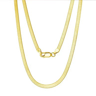 Close up of the 14K Gold Flat Snake Chain Necklace showcasing the 3mm width and high-polish 14K gold-plated finish