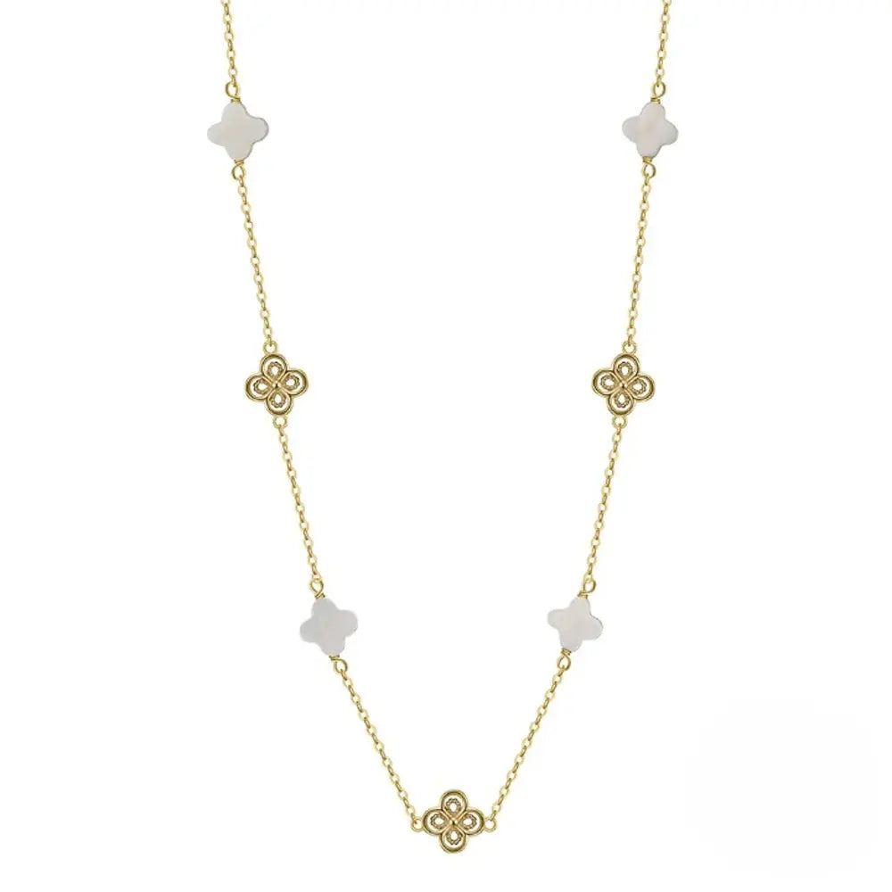 14K gold clover pearl necklace featuring luminous shell pearls in 925 silver