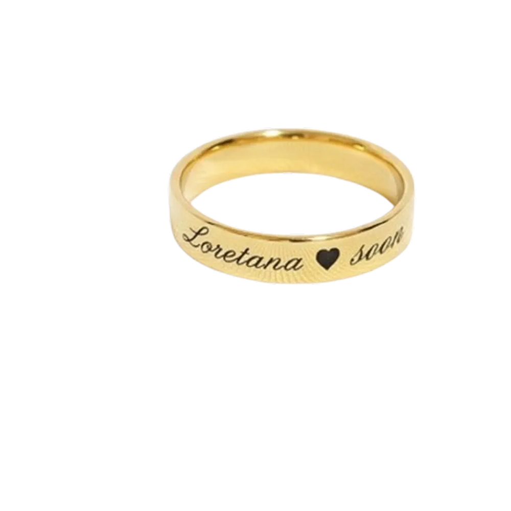 Close-up of a woman's hand wearing the personalized 3mm gold stacking ring