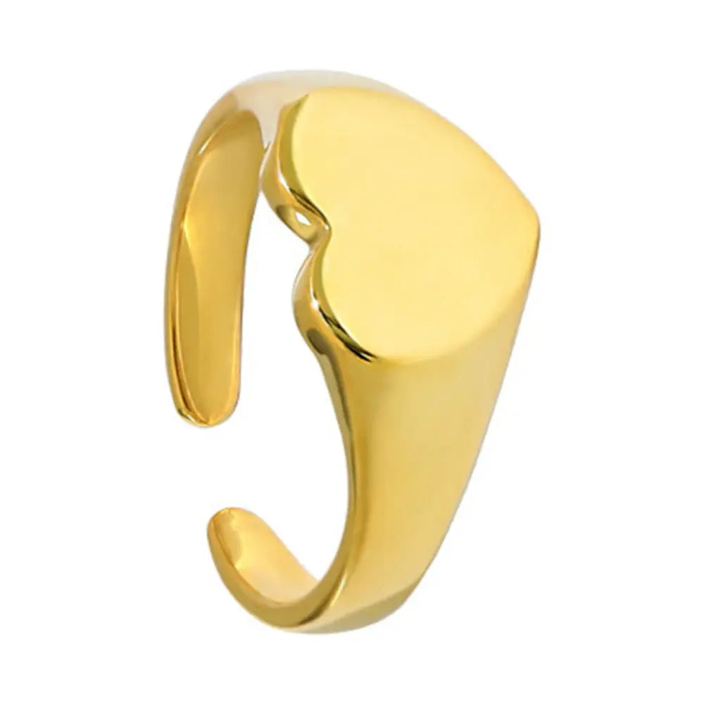 4K gold-plated 925 silver adjustable heart ring featuring a polished engravable face on white.