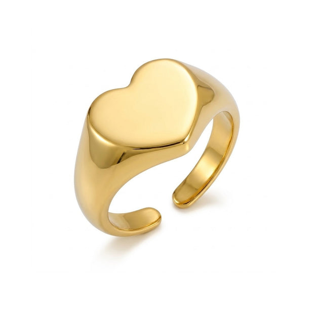 14K gold-plated 925 silver engravable heart signet ring with open adjustable band, on white