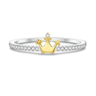 Top view of the Shining Crown Queen Ring on white, 925 sterling silver with 14K gold plating and brilliant cubic zirconia. Hallmarked Loretana piece, hand-finished in Kaunas.