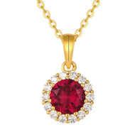 14K Gold Ruby Halo Necklace in 925 sterling silver displayed on a white background showing its vibrant ruby-red central stone and halo design.