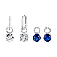 Woman wearing 925 silver blue drop interchangeable hoop earrings in full pendant mode.