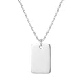 Engraved Square Necklace in rhodium-plated 925 sterling silver, a polished rectangular tag on a box chain, on white