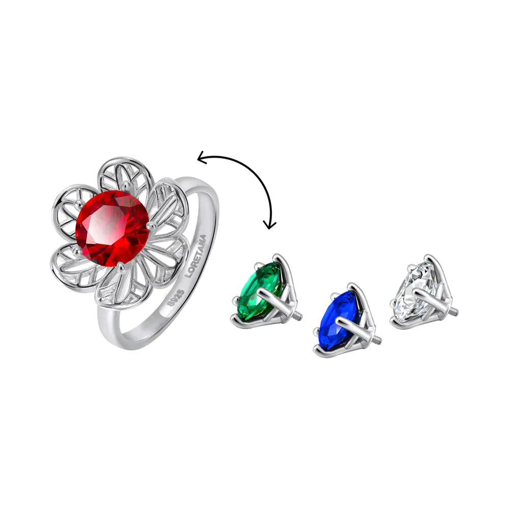 Close-up of the silver flower ring highlighting the 2-in-1 detachable zirconia mechanism.
