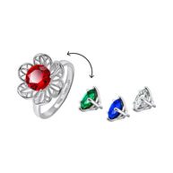 Close-up of the silver flower ring highlighting the 2-in-1 detachable zirconia mechanism.