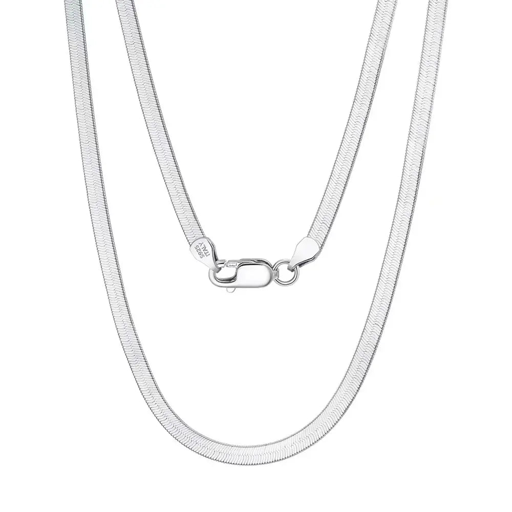 925 Silver Flat Snake Chain Necklace in hallmarked silver displayed on a white background to show its fluid, mirror-like surface.