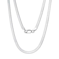 925 Silver Flat Snake Chain Necklace in hallmarked silver displayed on a white background to show its fluid, mirror-like surface.