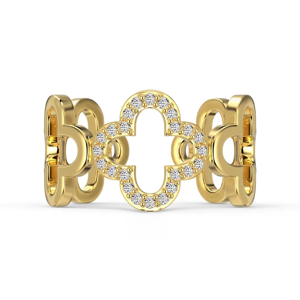 Side view of the Bloom clover ring showing the open-back adjustable 925 silver band with 18K gold plating. Hallmarked Loretana piece, hand-finished in Kaunas.