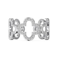 Side view of the silver Bloom clover ring showing the open-back adjustable 925 silver band with rhodium plating. Hallmarked Loretana piece, hand-finished in Kaunas.
