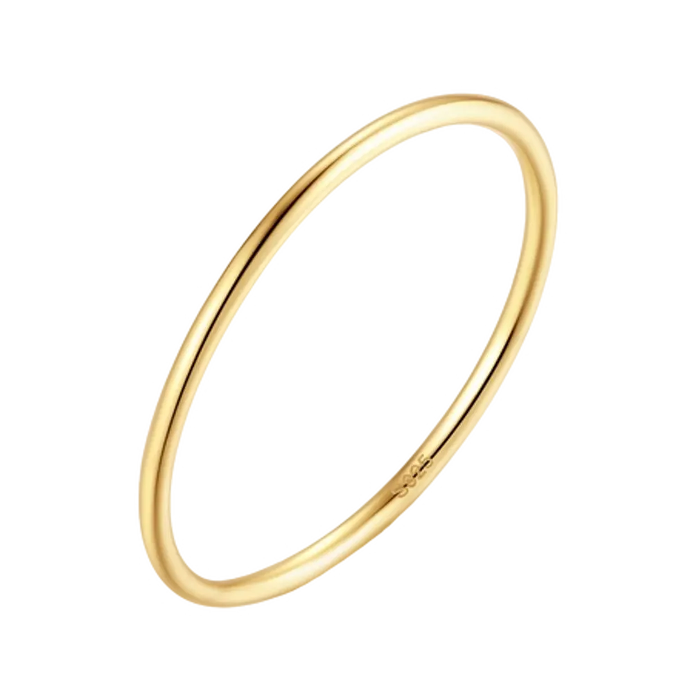 Woman's hand wearing stacked 14K gold-plated essential band rings in 925 sterling silver, hallmarked Loretana from Kaunas, layered stacking style.