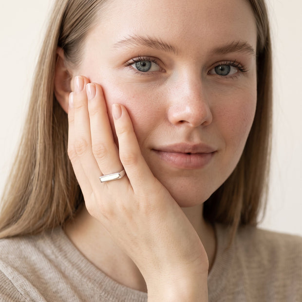 Model wearing the Engravable Rectangle Ring, Adjustable in 925 sterling silver