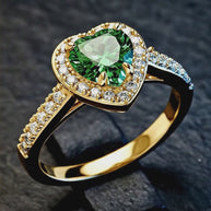 Rotating product video of the 14K gold plated 925 silver heart ring with green emerald AAAAA zirconia. Hallmarked Loretana piece, hand-finished in Kaunas.
