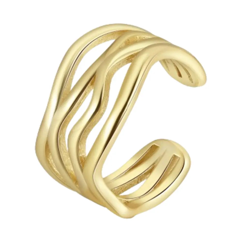 Hand wearing the twisted wave adjustable ring in 925 sterling silver with 14K gold plating, styled for minimalist daily stacking. Hallmarked Loretana piece, hand-finished in Kaunas.