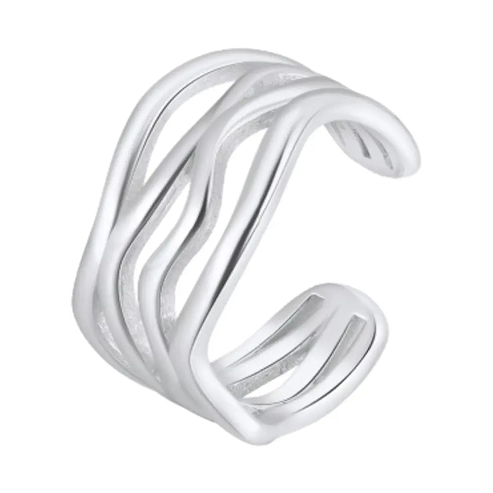 Side detail of the silver twisted wave ring showing the open-back adjustable 925 sterling silver band with rhodium plating. Hallmarked Loretana piece, hand-finished in Kaunas.